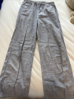 H&M Blue and White Pinstripe Drawstring Linen-Blend Pants